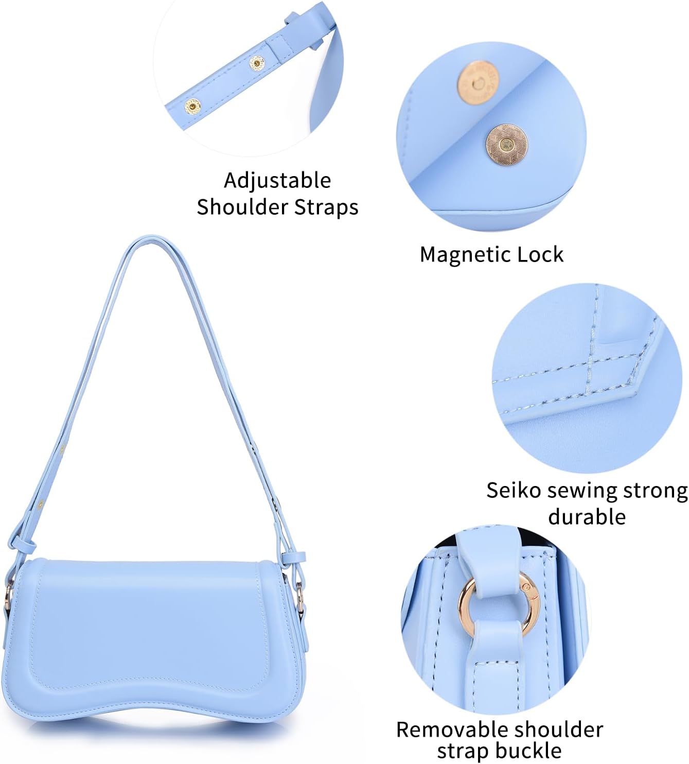 Shoulder Bag for women Clutch Purse Handbag PU Leather Tote Bag (Light Blue)