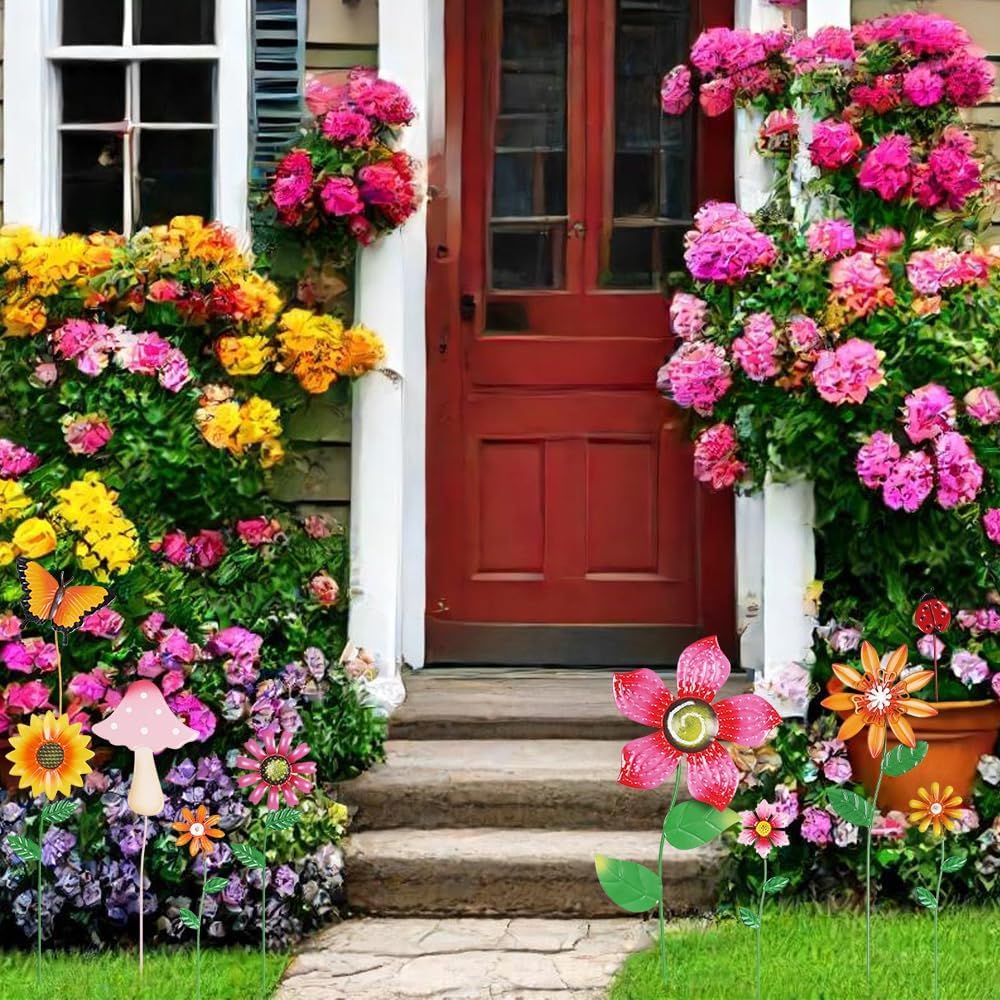 Set of 10 Metal Flowers Garden Stakes (Multi-Color)