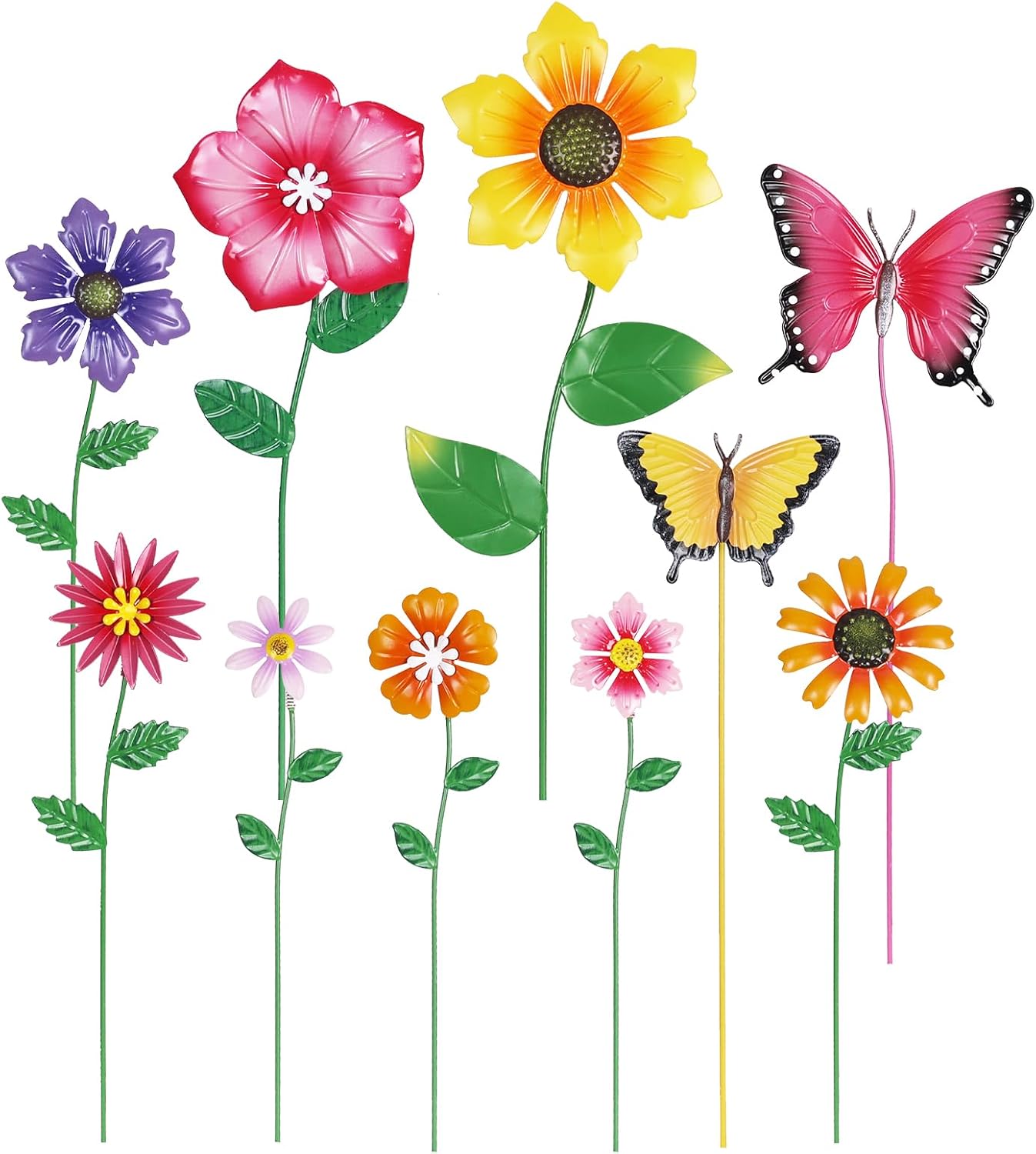 Set of 10 Metal Flowers Decorative Garden Stakes
