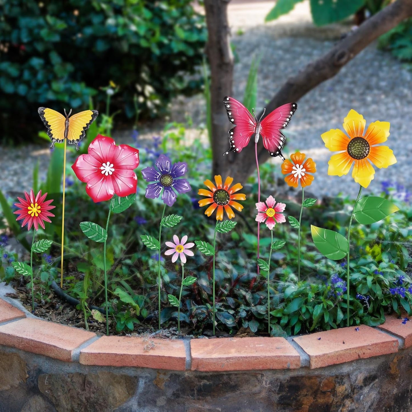 Set of 10 Metal Flowers Decorative Garden Stakes