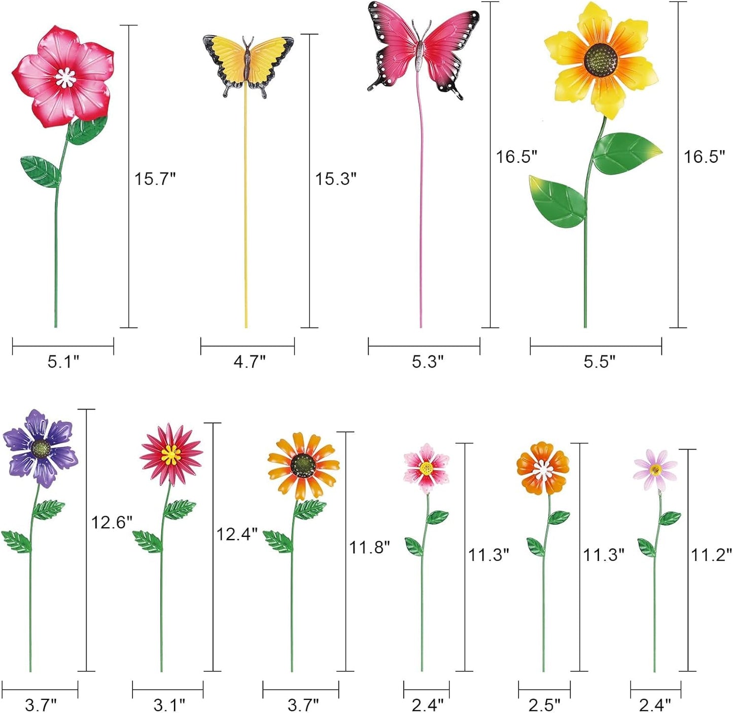 Set of 10 Metal Flowers Decorative Garden Stakes