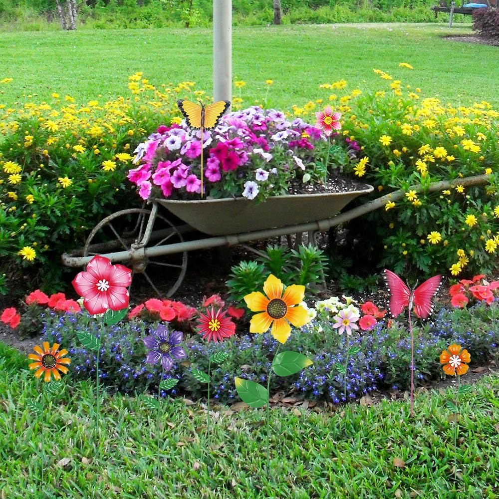 Set of 10 Metal Flowers Decorative Garden Stakes