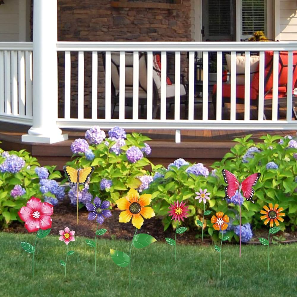 Set of 10 Metal Flowers Decorative Garden Stakes
