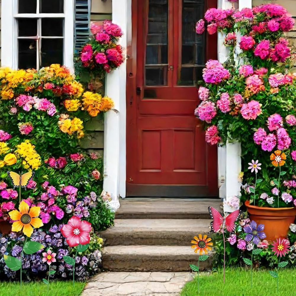 Set of 10 Metal Flowers Decorative Garden Stakes