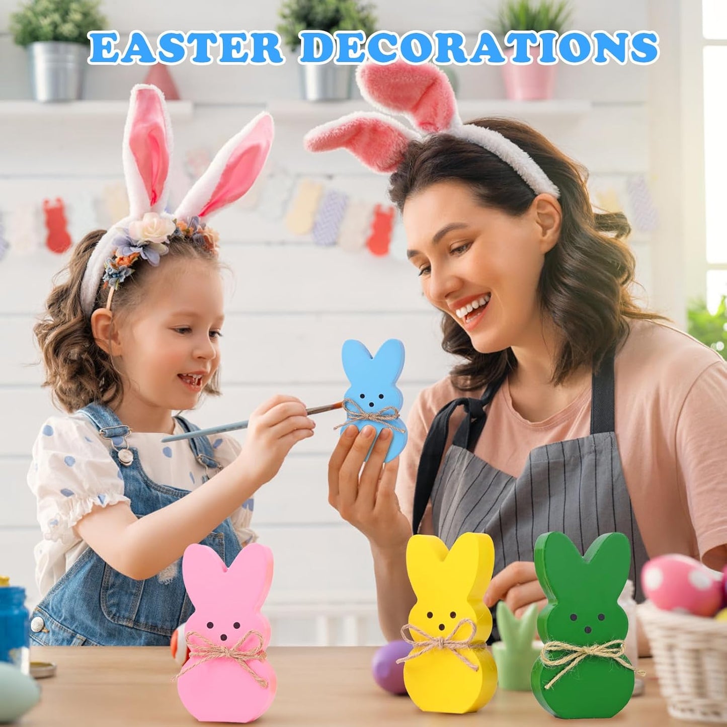 4 Pcs Wooden Peep Bunny Decorations for Tiered Tray Farmhouse