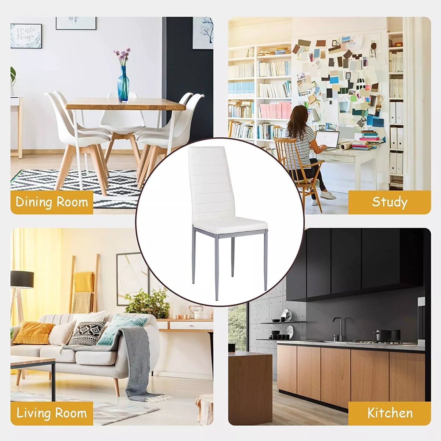 Set of 4 Dining Chairs Kitchen Restaurant with Cushion and High Back Metal Leg