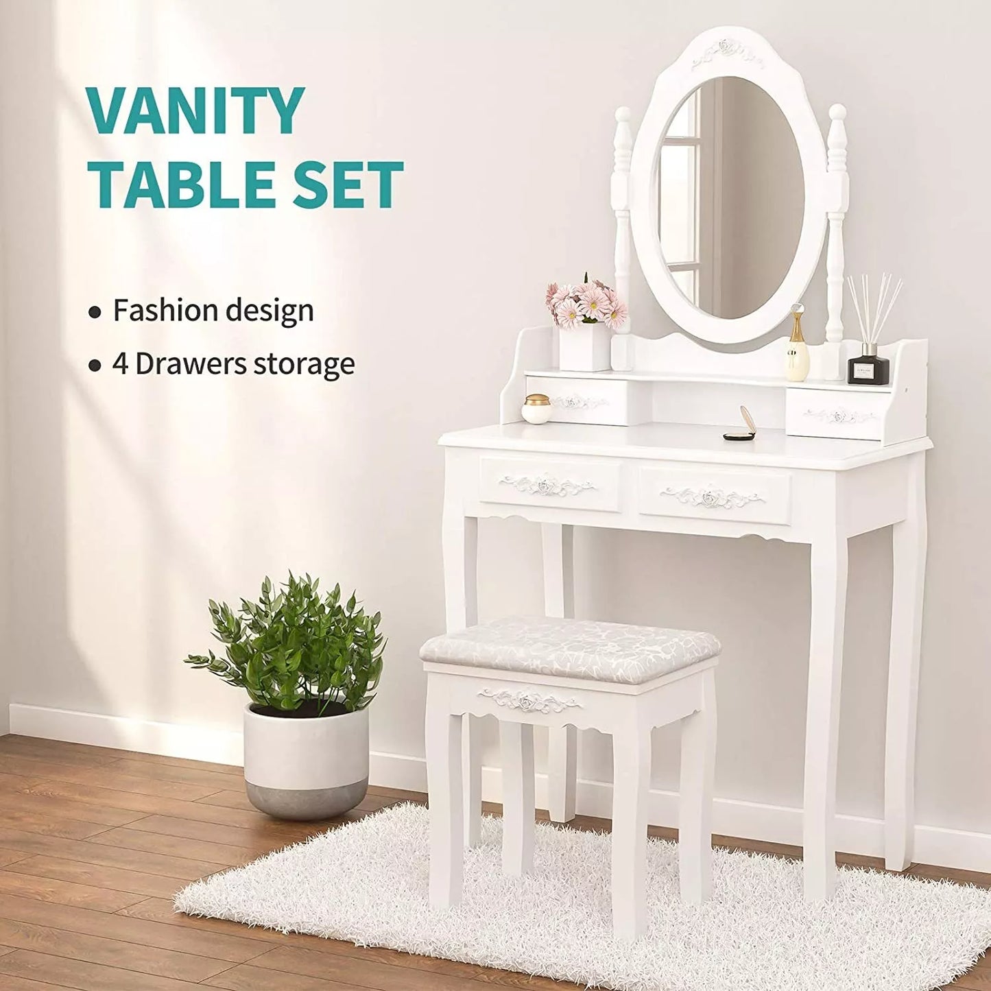 Vanity Dressing Table Jewelry w/Stool Makeup Set Dreser Desk w/Mirror & 4 Drawer