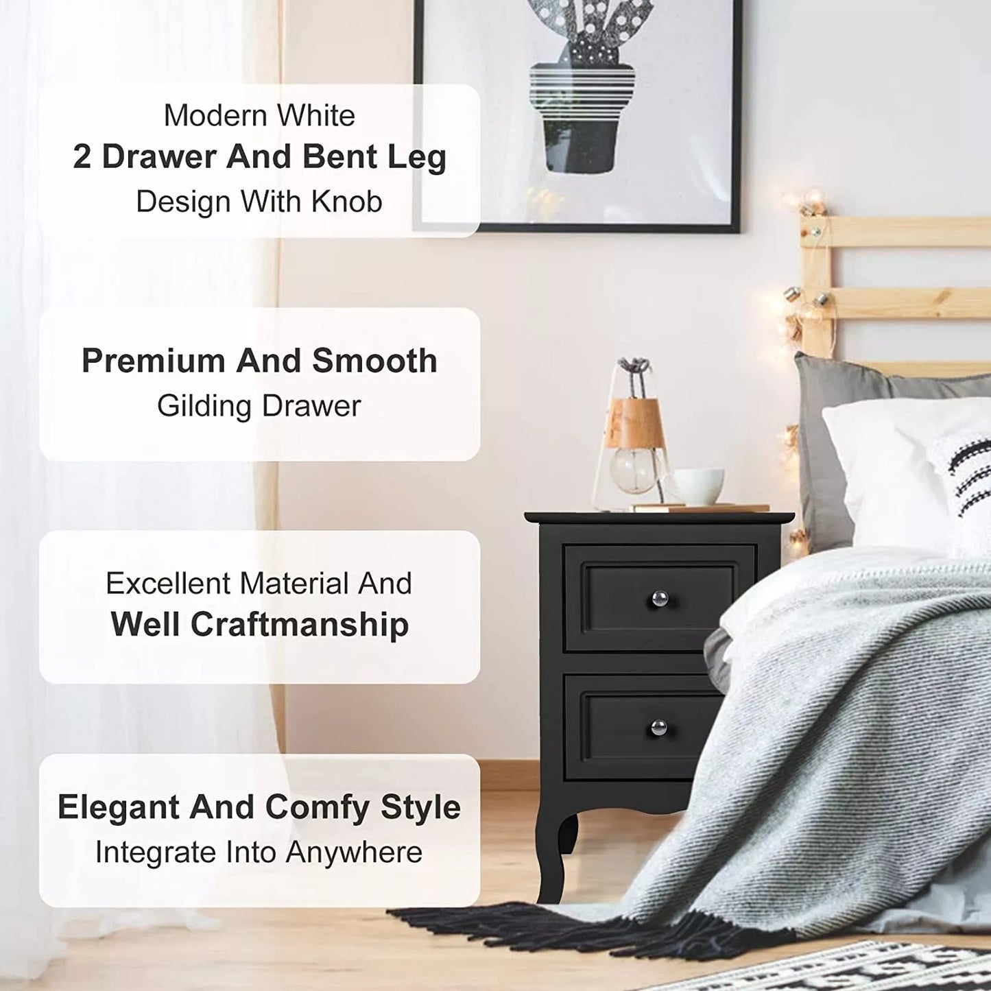 Set of 2 Bedroom Nightstand Modern Bedside Table End Table with 2 Drawers Furniture