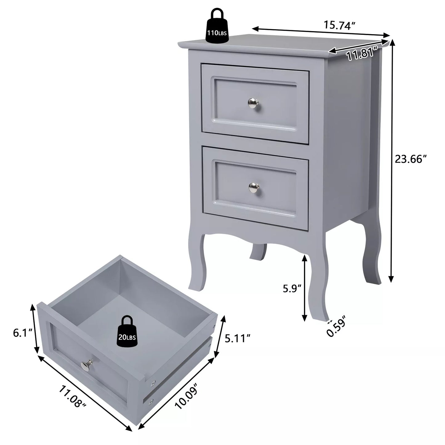 Set of 2 Bedroom Nightstand Modern Bedside Table End Table with 2 Drawers Furniture