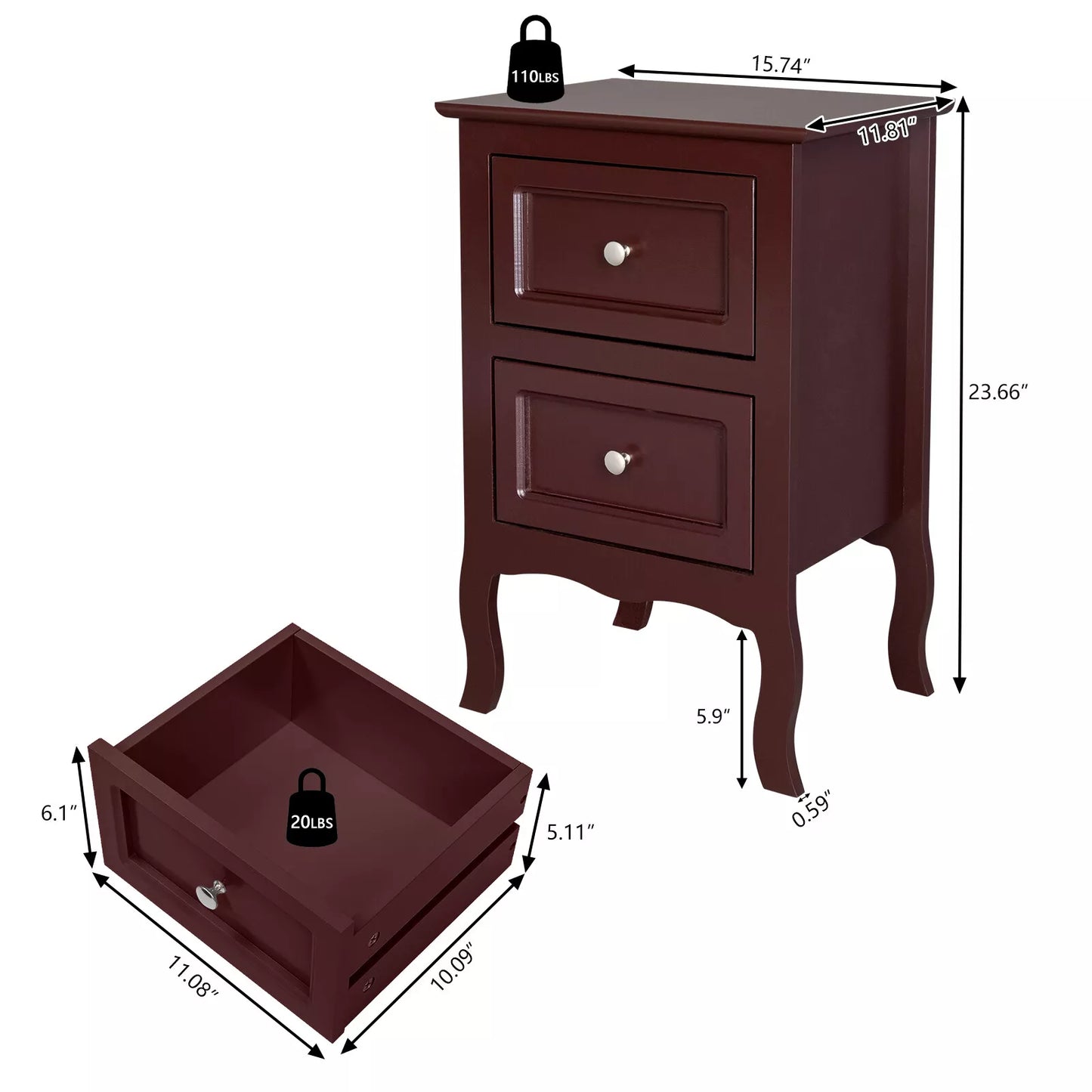 Set of 2 Bedroom Nightstand Modern Bedside Table End Table with 2 Drawers Furniture