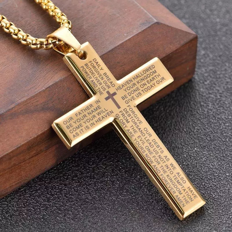 Cross Pendant Necklace for Men Boys Stainless Steel Lord's Prayer Bible Chain Christmas Birthday Anniersary Valentines Gift
