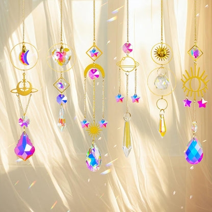 6 Pieces Colorful Crystals Suncatcher with Chain Pendant Ornaments (Gold)