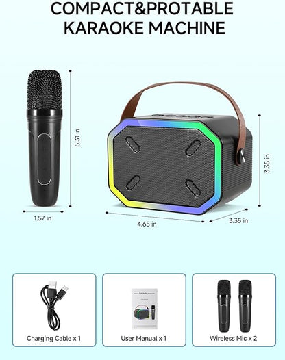 Mini Portable Bluetooth Speaker with 2 Wireless Microphones, Led Lights for TV, Kids Gifts