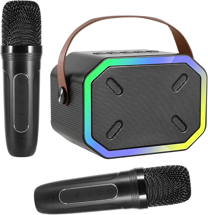 Mini Portable Bluetooth Speaker with 2 Wireless Microphones, Led Lights for TV, Kids Gifts