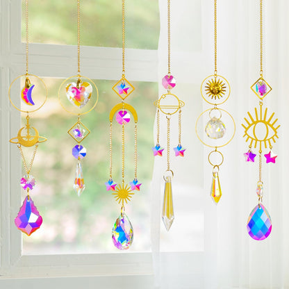 6 Pieces Colorful Crystals Suncatcher with Chain Pendant Ornaments (Gold)