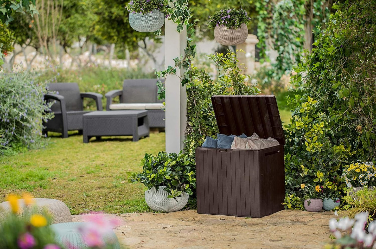 30 Gallon Resin Outdoor Storage Box and Patio Furniture Side Table