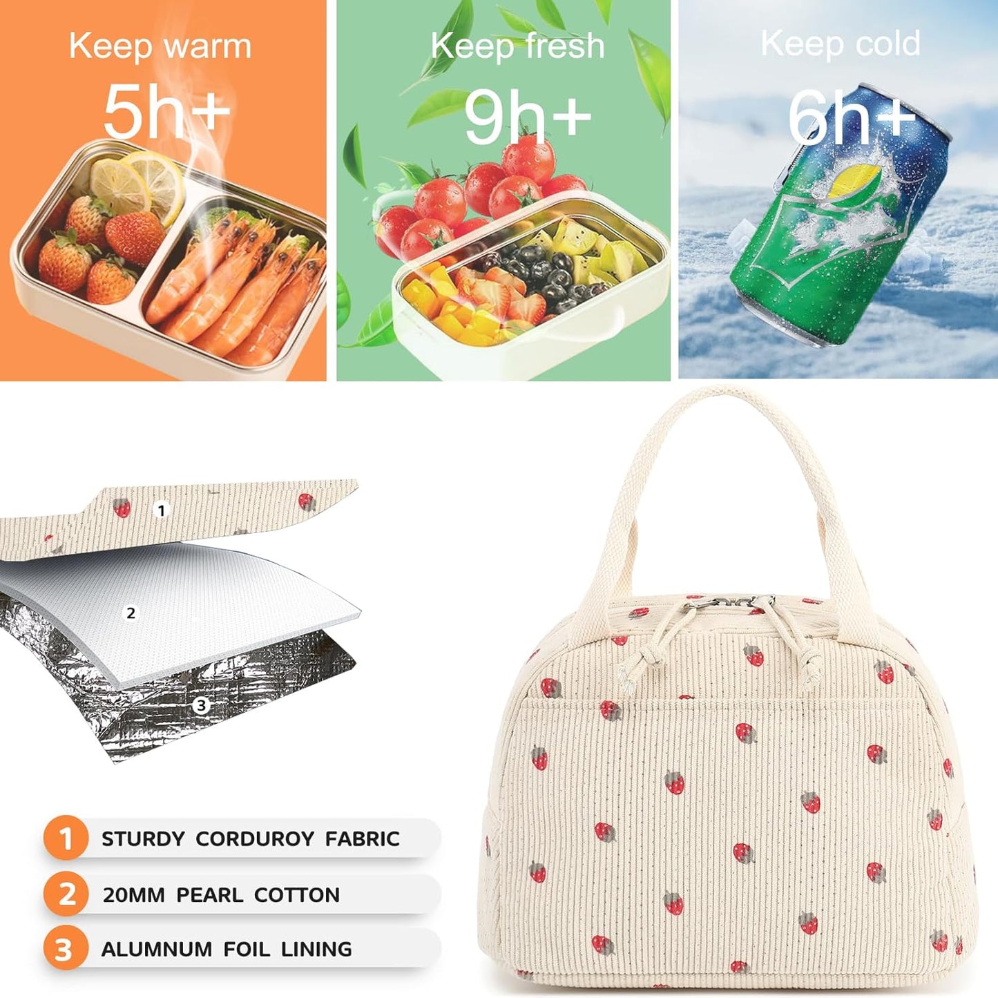 Lunch Bag for Women Men Cute Corduroy Lunch Tote Bags Reusable Insulated Lunch Box Large Capacity