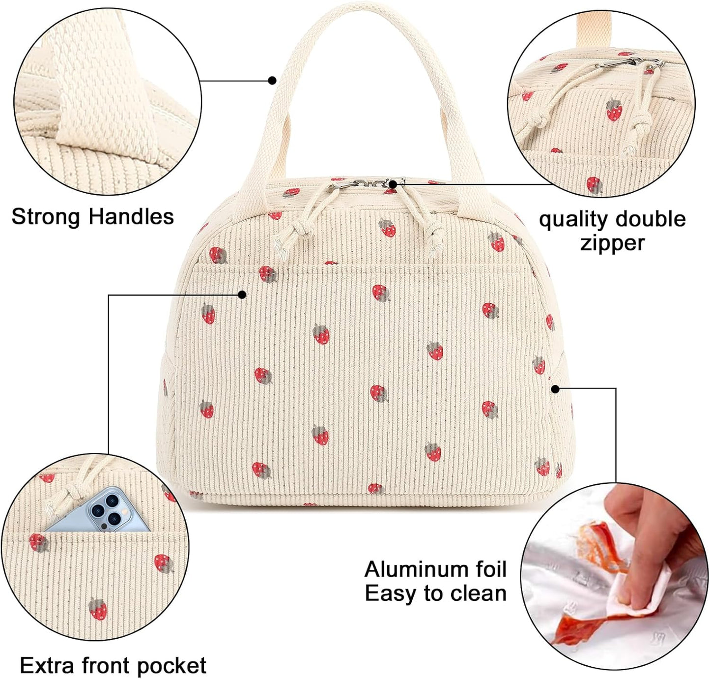 Lunch Bag for Women Men Cute Corduroy Lunch Tote Bags Reusable Insulated Lunch Box Large Capacity