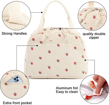 Lunch Bag for Women Men Cute Corduroy Lunch Tote Bags Reusable Insulated Lunch Box Large Capacity