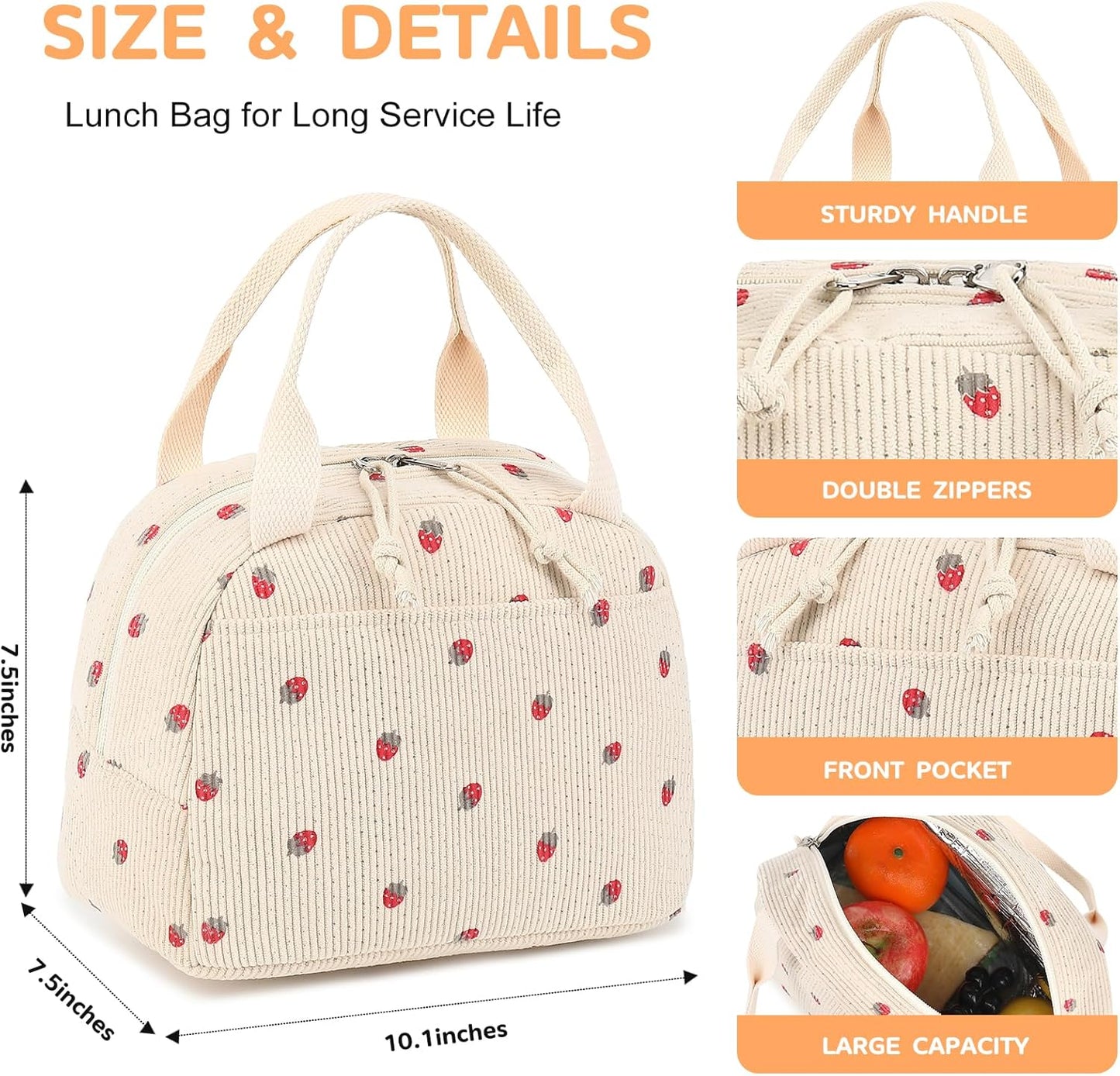 Lunch Bag for Women Men Cute Corduroy Lunch Tote Bags Reusable Insulated Lunch Box Large Capacity